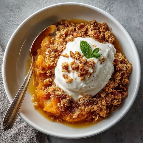 A bowl of Pumpkin Crisp with a spoon in it.