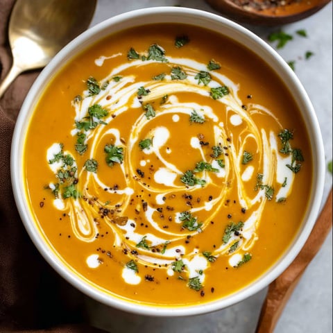 A bowl of Coconut Curry Pumpkin Soup with a spoon inside.