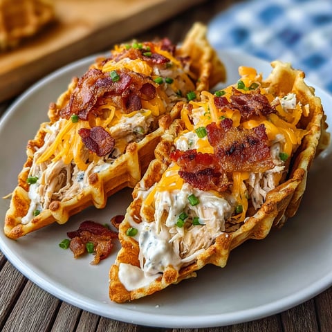 Two delicious Loaded Ranch Chicken Bacon Cheese Stuffed Waffle Cones are served on a plate.