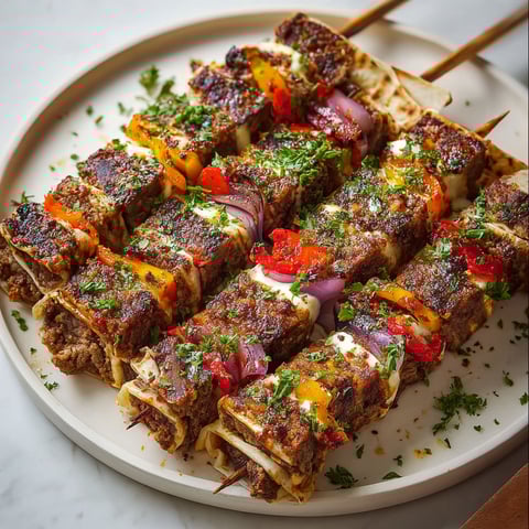 A plate of delicious layered tortilla kebab skewers.