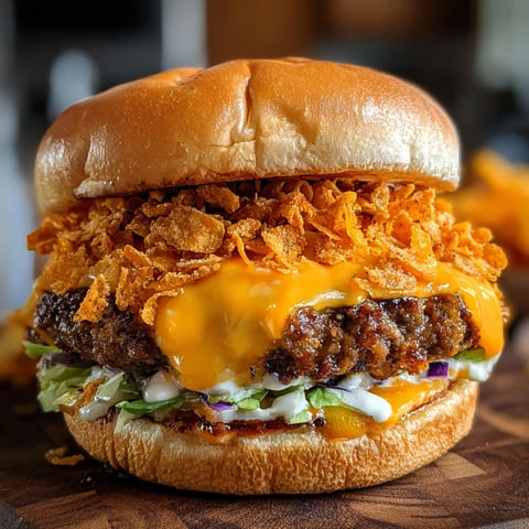 A delicious Doritos BBQ Ranch Smash Burger with Cheddar Flood, topped with lettuce and tomato, sits on a wooden table.