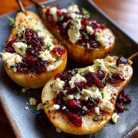 Three baked pears with feta, honey, and cranberries on a plate.