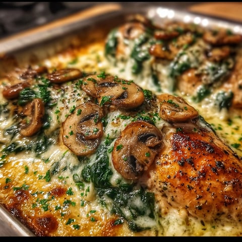A delicious chicken, spinach, and mushroom low carb oven dish.