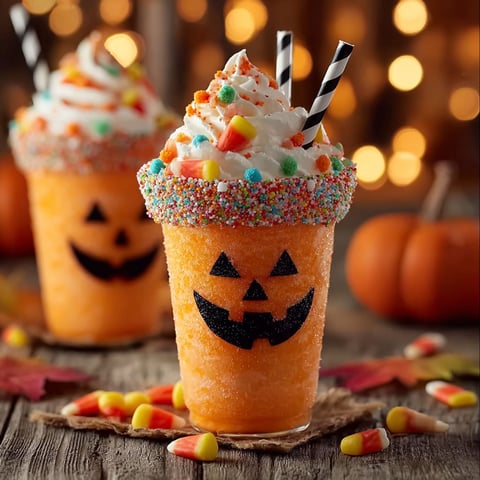 Two pumpkin-shaped drinks with orange and white toppings, perfect for a fun and festive fall treat.