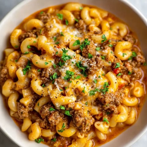 A bowl of pasta with meat and cheese, resembling a homemade Hamburger Helper recipe.