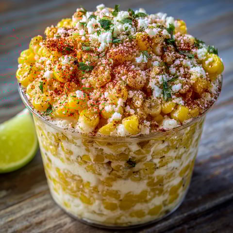 A bowl of Mexican street corn with cheese and chili on top.
