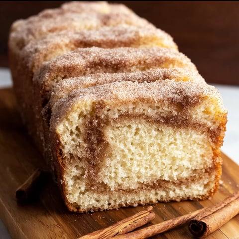A slice of cinnamon sugar donut bread on a wooden table.