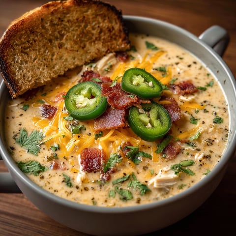 A bowl of Spicy Jalapeño Popper Soup with a slice of bread on the side.