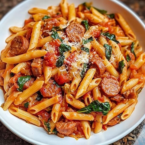 A bowl of pasta with sausage and cheese, served on a dining table.