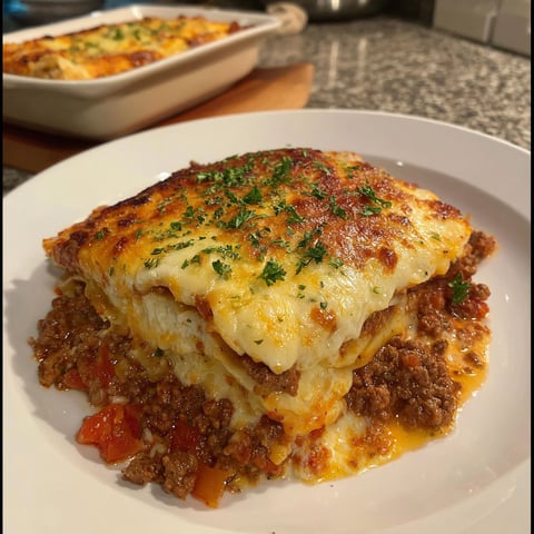 A delicious homemade ground beef lasagna is served on a white plate.