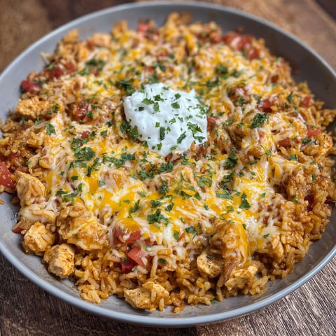 A delicious Cheesy Chicken Taco Rice dish is served in a bowl, topped with a dollop of sour cream.
