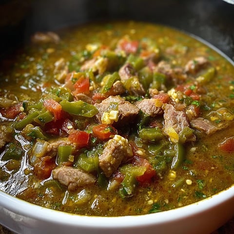 A bowl of Grandma's Chili Verde and Spanish Rice, filled with meat and vegetables, sits on a table.