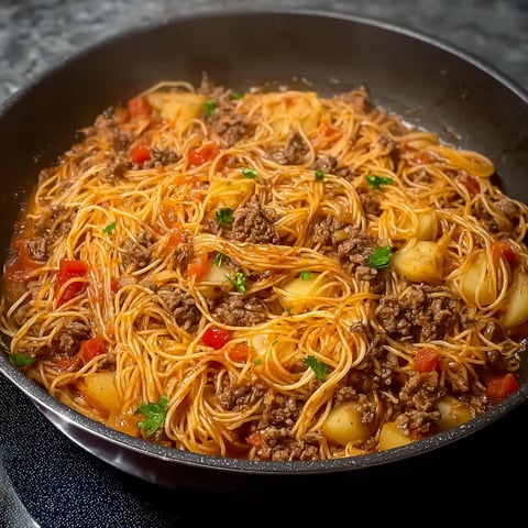 A delicious Fideo with potatoes and ground beef, cooked to perfection in a pan.