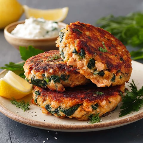 Two pieces of Mediterranean Salmon Spinach Patties on a plate.