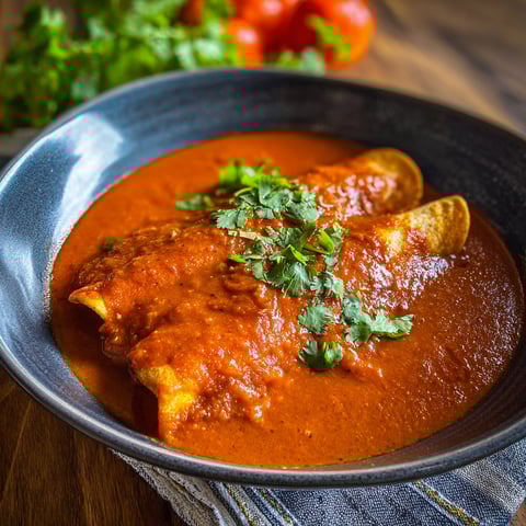 A bowl of Chimayo Red Chile Enchilada Sauce is served with a side of vegetables.