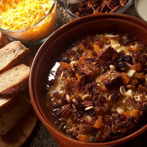 A bowl of Capirotada with extra raisins and pecans.