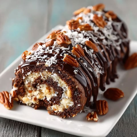A delicious German Chocolate Cake Roll is displayed on a plate, ready to be enjoyed.