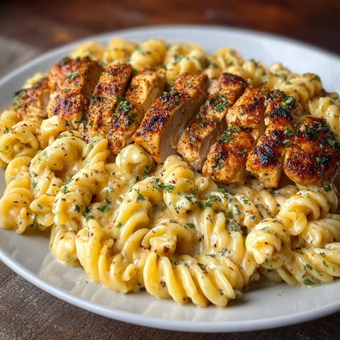 A plate of pasta with chicken and cheese on top.