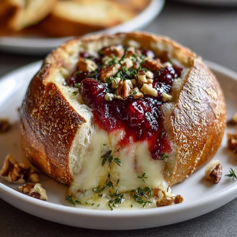 A baked brie in a bread bowl with cranberry sauce and thyme.
