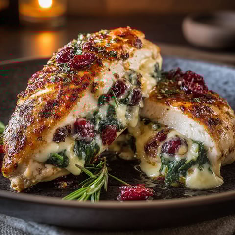 A plate of Cranberry & Spinach Stuffed Chicken Breasts with Brie.