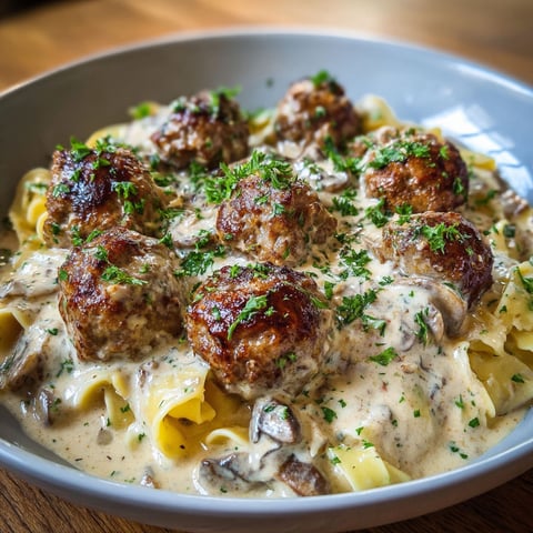 A plate of meatballs with a creamy sauce and mushrooms on top.