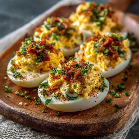 A wooden platter holds four jalapeño-topped deviled eggs.