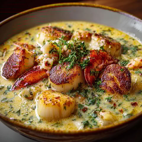 A bowl of lobster soup with a variety of ingredients, including shrimp, scallops, and herbs.