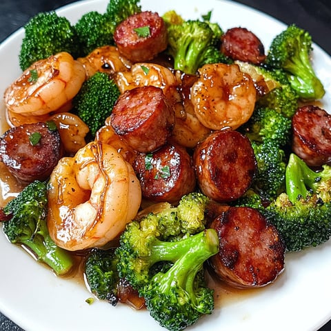 A plate of delicious Honey Garlic Shrimp, Sausage & Broccoli.
