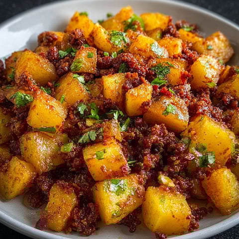 A plate of Mexican Papas con Chorizo, a delicious and flavorful dish.