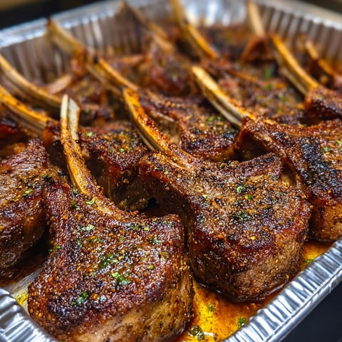 A pan of grilled lamb chops with a side of herbs and spices.