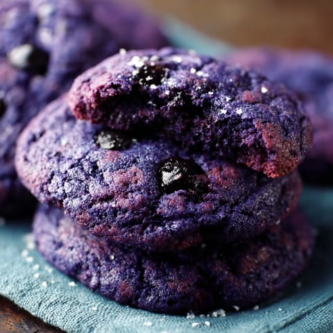 A close up of a purple cookie with blueberries on top.