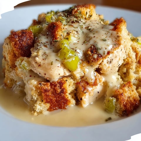 A delicious crock pot chicken and dressing casserole is served on a white plate.
