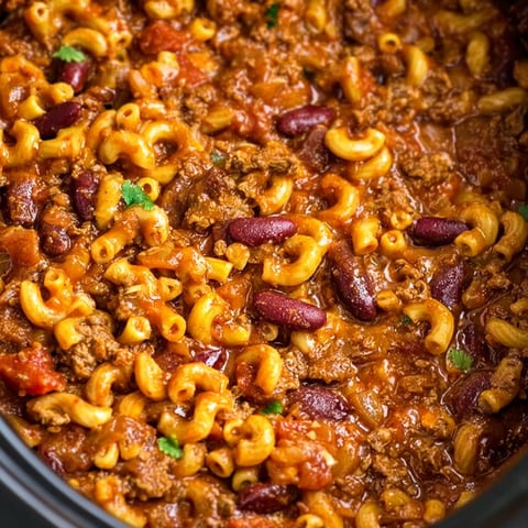 A close up of a delicious chili mac dish, with a generous amount of chili and macaroni.