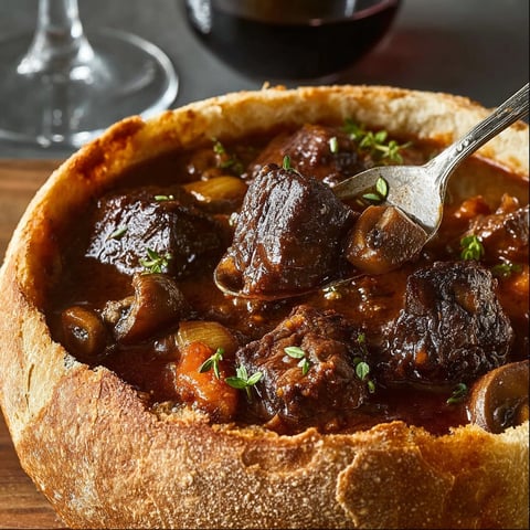 A bowl of beef bourguignon in a crusty bread bowl, accompanied by a glass of red wine.