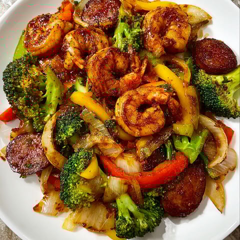 A plate of shrimp and sausage stir fry with a variety of vegetables, including broccoli, peppers, and onions.