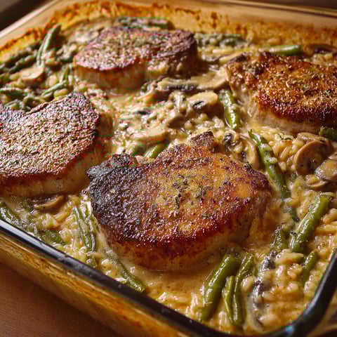A delicious pork chop casserole with mushrooms, green beans, and rice.