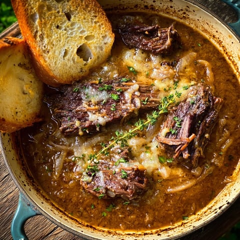 A bowl of French Onion Beef Short Rib Soup with a slice of bread and a piece of meat.