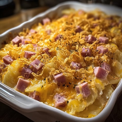 A delicious cheesy ham and potato casserole in a white dish.