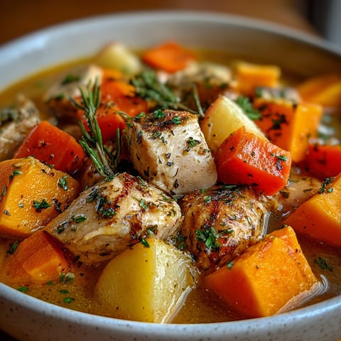 A bowl of stew filled with chicken, carrots, and potatoes, garnished with herbs.