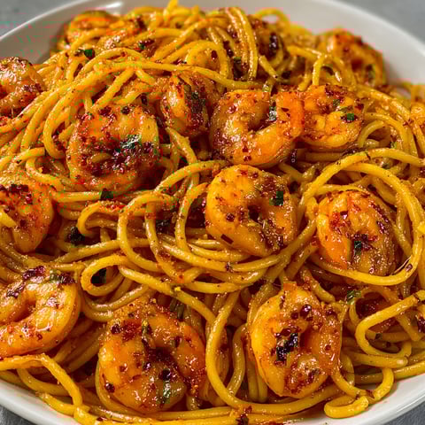 A bowl of Spicy Shrimp Scampi noodles with a generous amount of shrimp and spices.