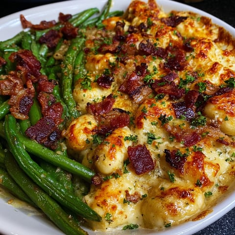 A plate of chicken bacon ranch gnocchi with green beans on the side.