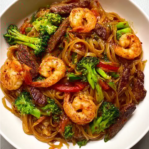 A bowl of Spicy Peanut Chili Oil Noodles with Steak and Shrimp.