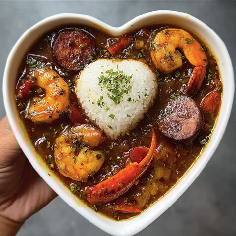 A person is holding a bowl of Gumbo, a hearty and flavorful dish filled with shrimp, rice, and other ingredients.