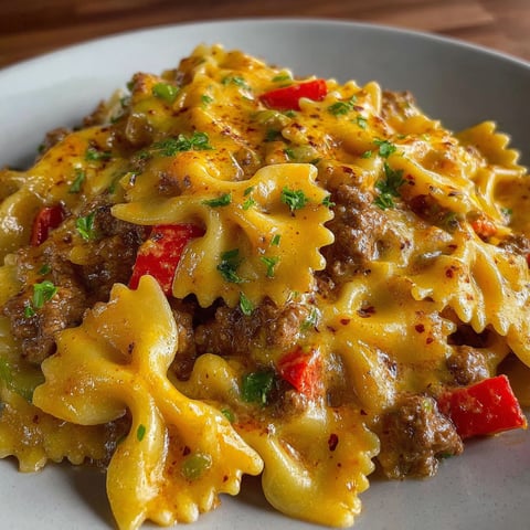 A plate of pasta with meat and vegetables on top, likely a homemade hamburger helper recipe.
