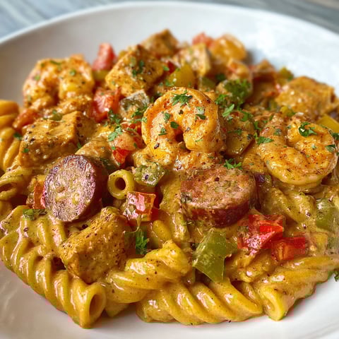 A plate of Jambalaya Pasta Recipe, featuring shrimp, sausage, and tomatoes, is presented on a dining table.