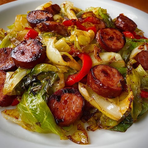 A plate of cabbage and kielbasa skillet, ready to be eaten.