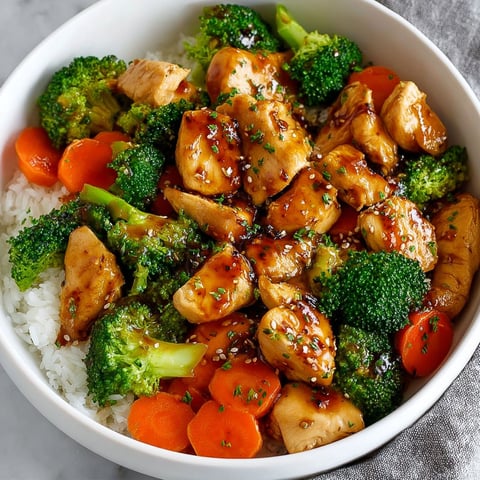 A bowl of stir fry with chicken, broccoli, and carrots, all covered in a honey garlic sauce.