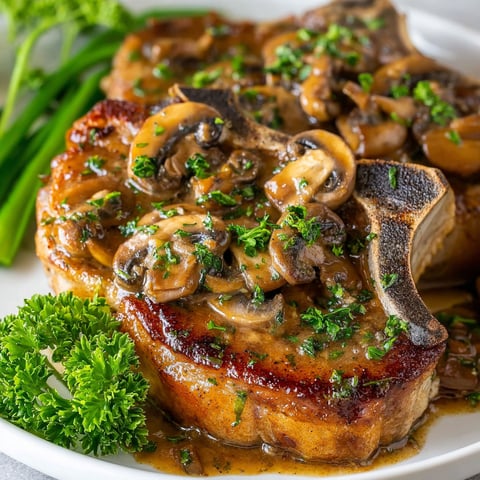 A delicious meal of pork chops with mushrooms and herbs, served on a white plate.
