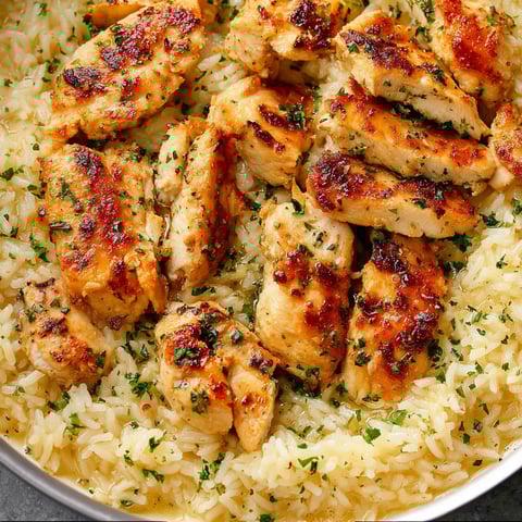 A dish of chicken scampi with garlic Parmesan rice.