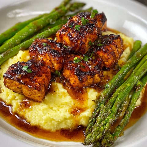 A plate of food with salmon bites and asparagus.
